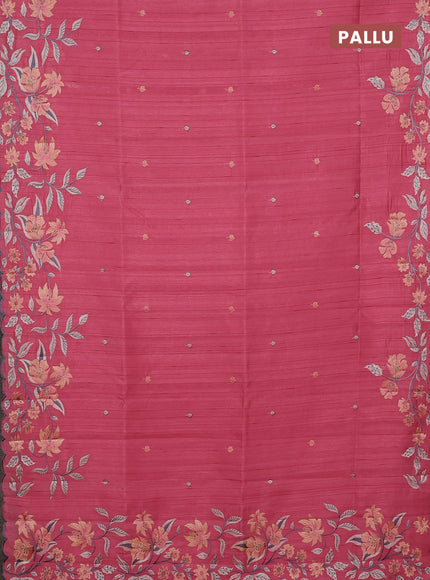 Semi raw silk saree peach with embroidery buttas and floral embroidery border