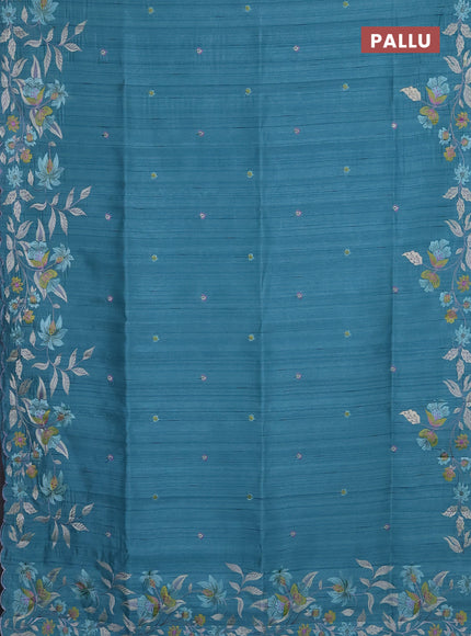 Semi raw silk saree teal blue with embroidery buttas and floral embroidery border