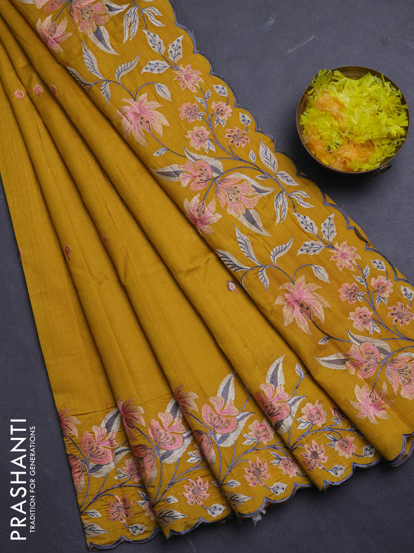 Semi raw silk saree mustard yellow with embroidery buttas and floral embroidery border