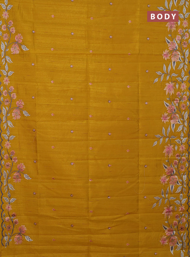Semi raw silk saree mustard yellow with embroidery buttas and floral embroidery border