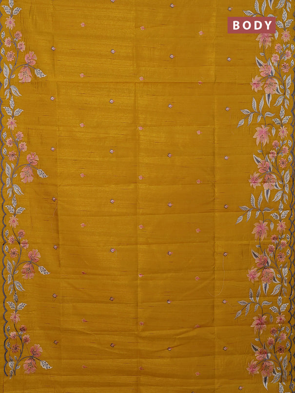Semi raw silk saree mustard yellow with embroidery buttas and floral embroidery border