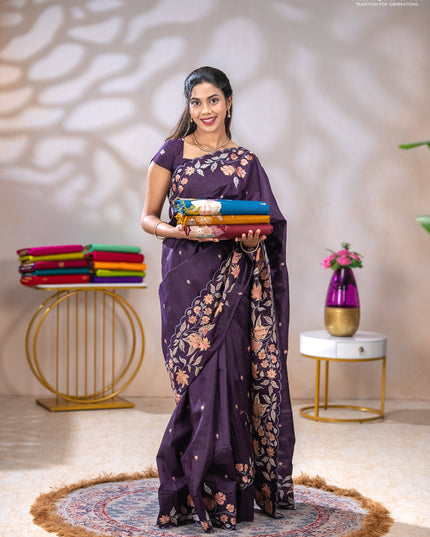 Semi raw silk saree jamun shade with embroidery buttas and floral embroidery border