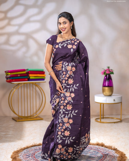 Semi raw silk saree jamun shade with embroidery buttas and floral embroidery border