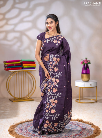 Semi raw silk saree jamun shade with embroidery buttas and floral embroidery border
