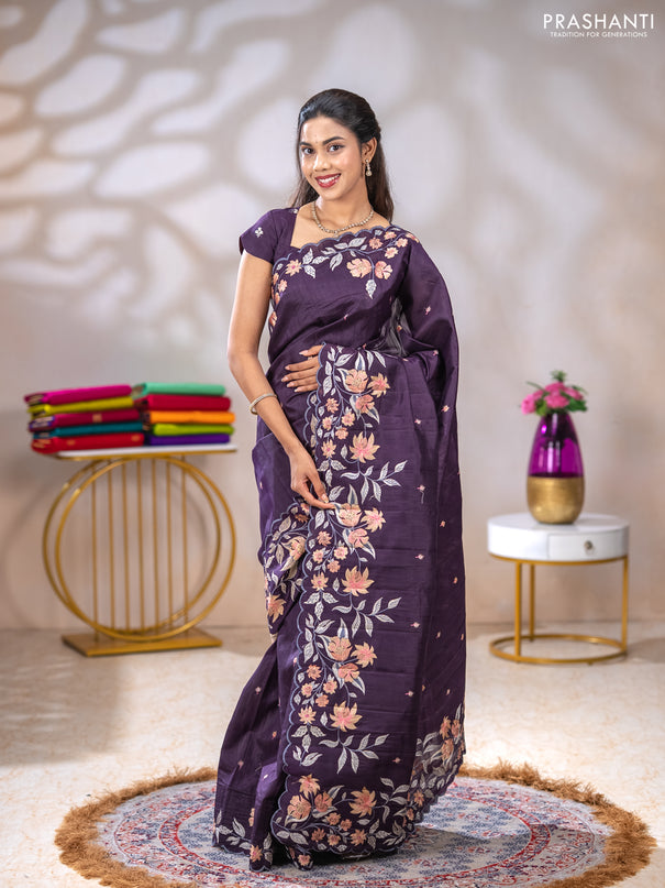 Semi raw silk saree jamun shade with embroidery buttas and floral embroidery border