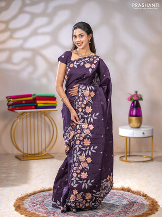 Semi raw silk saree jamun shade with embroidery buttas and floral embroidery border