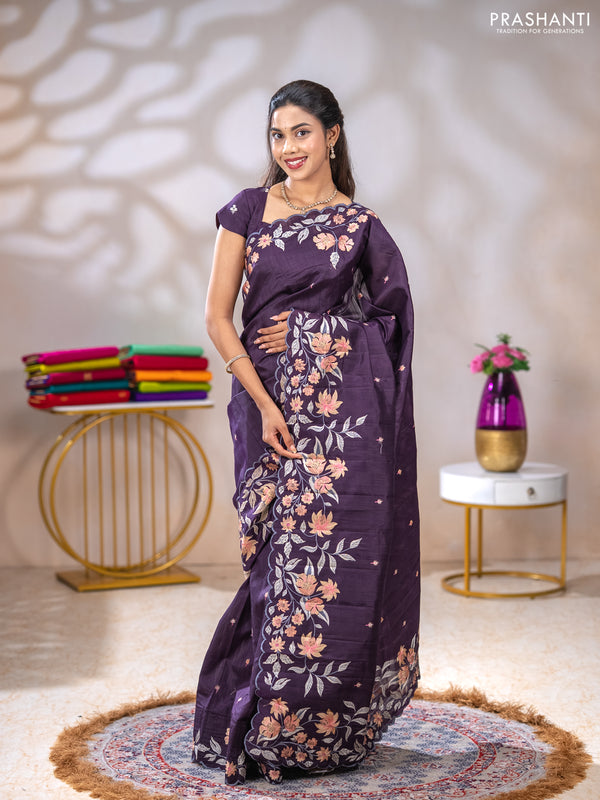Semi raw silk saree jamun shade with embroidery buttas and floral embroidery border