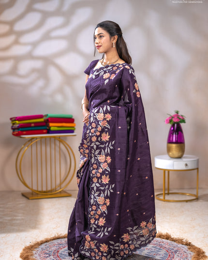 Semi raw silk saree jamun shade with embroidery buttas and floral embroidery border
