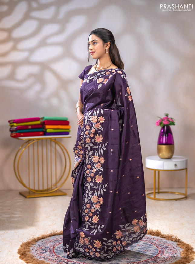 Semi raw silk saree jamun shade with embroidery buttas and floral embroidery border