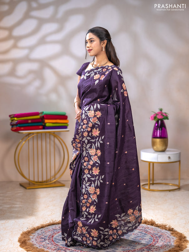 Semi raw silk saree jamun shade with embroidery buttas and floral embroidery border