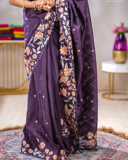 Semi raw silk saree jamun shade with embroidery buttas and floral embroidery border
