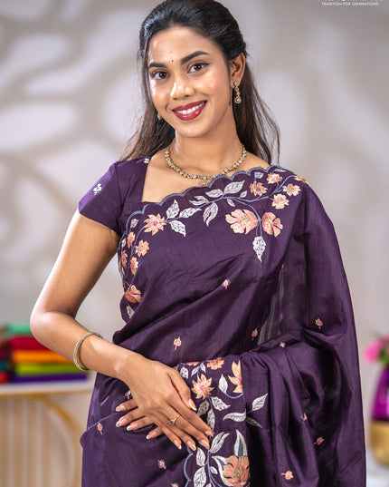 Semi raw silk saree jamun shade with embroidery buttas and floral embroidery border
