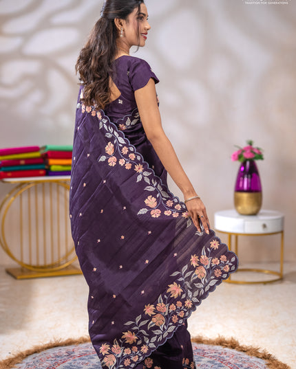 Semi raw silk saree jamun shade with embroidery buttas and floral embroidery border