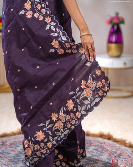 Semi raw silk saree jamun shade with embroidery buttas and floral embroidery border