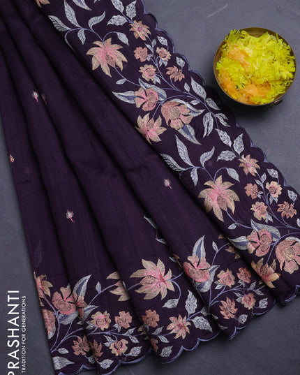 Semi raw silk saree jamun shade with embroidery buttas and floral embroidery border