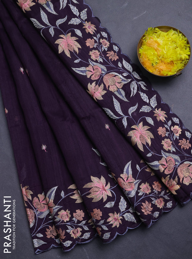 Semi raw silk saree jamun shade with embroidery buttas and floral embroidery border