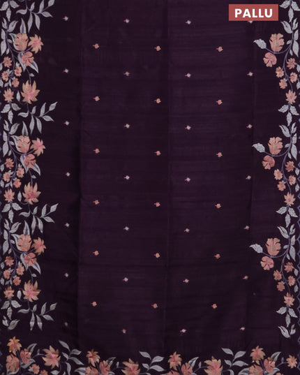 Semi raw silk saree jamun shade with embroidery buttas and floral embroidery border