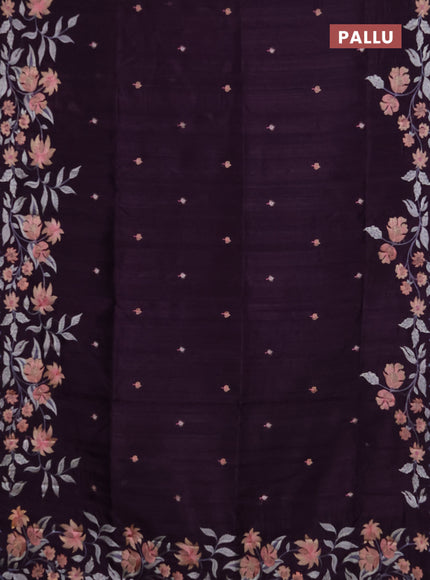 Semi raw silk saree jamun shade with embroidery buttas and floral embroidery border