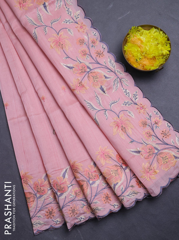 Semi raw silk saree peach with embroidery buttas and floral embroidery border