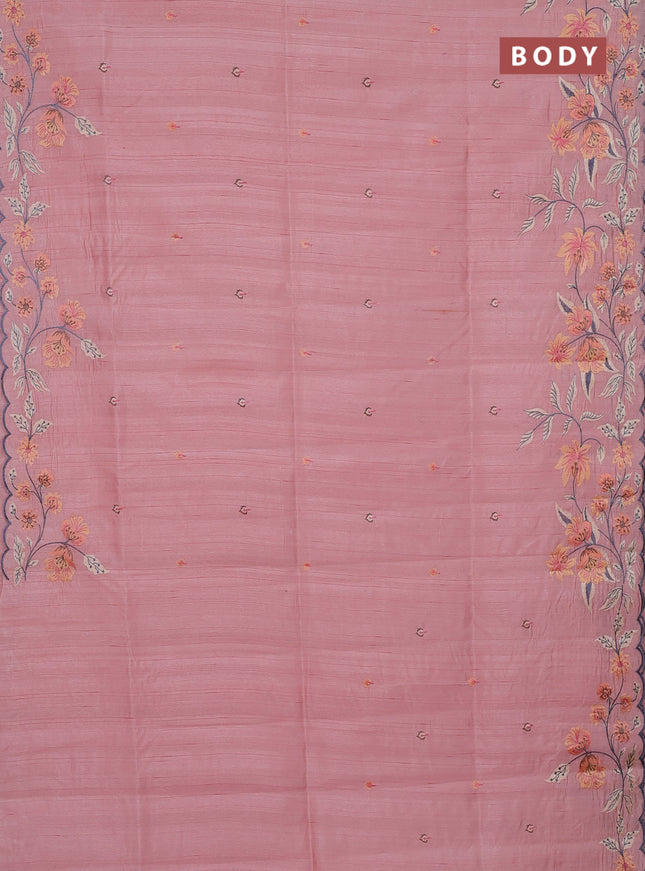 Semi raw silk saree peach with embroidery buttas and floral embroidery border