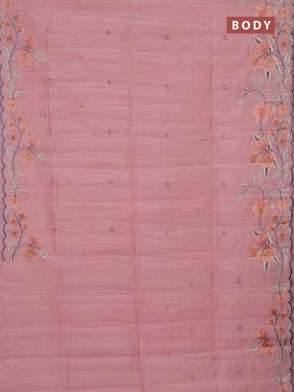 Semi raw silk saree peach with embroidery buttas and floral embroidery border