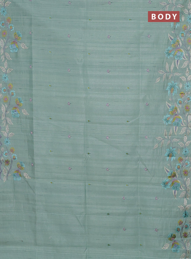 Semi raw silk saree pastel green with embroidery buttas and floral embroidery border