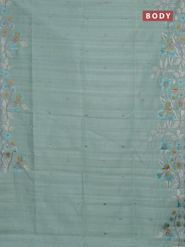 Semi raw silk saree pastel green with embroidery buttas and floral embroidery border