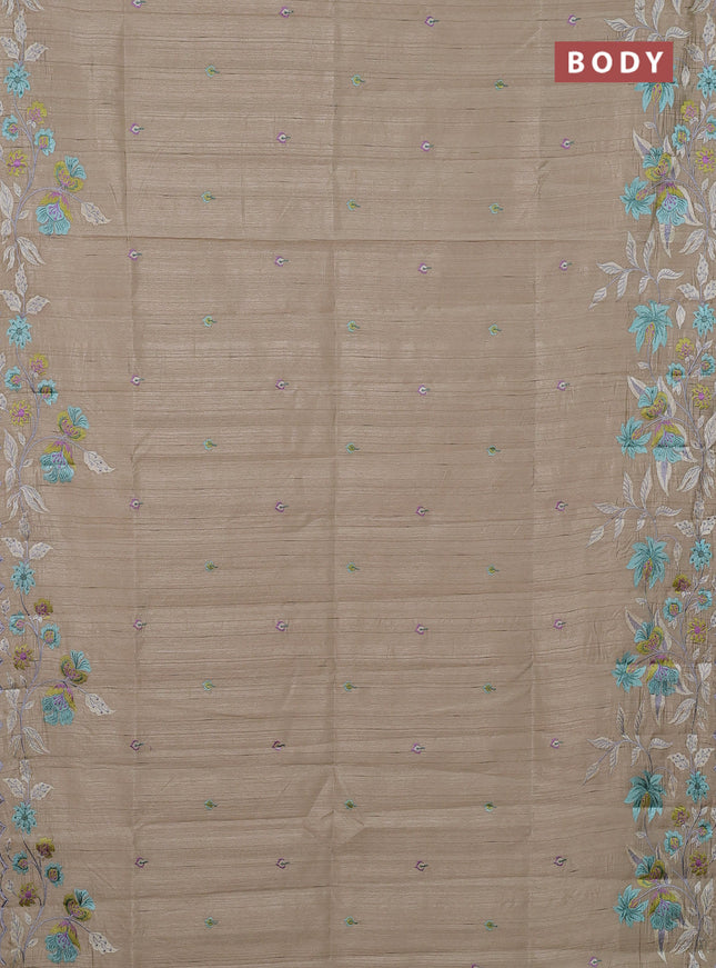 Semi raw silk saree beige with embroidery buttas and floral embroidery border