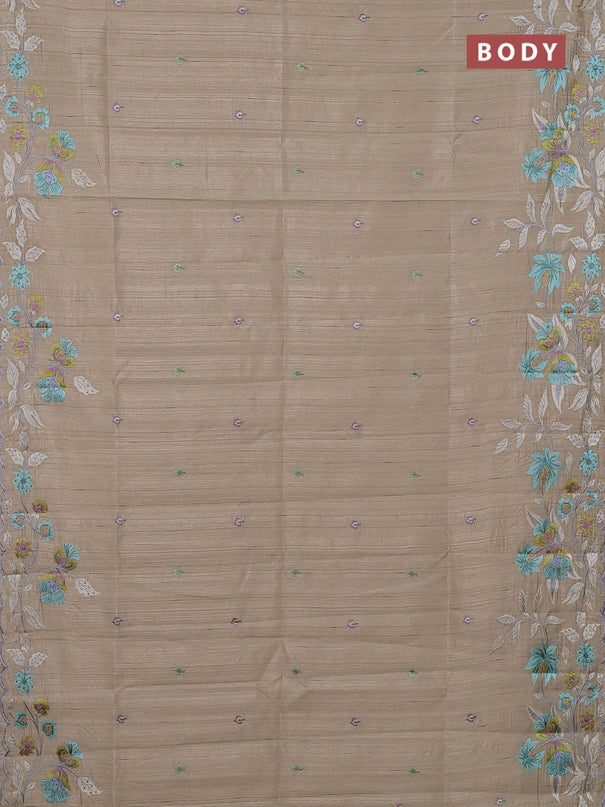 Semi raw silk saree beige with embroidery buttas and floral embroidery border