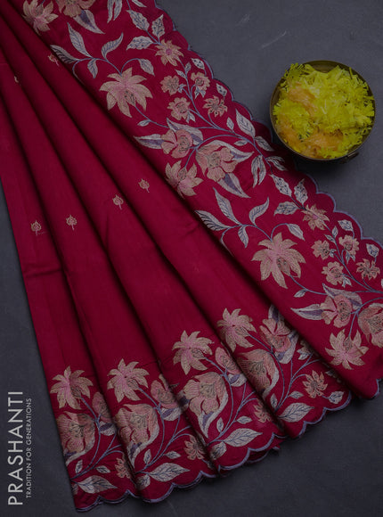 Semi raw silk saree pink with embroidery buttas and floral embroidery border