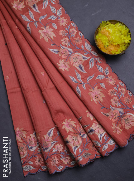 Semi raw silk saree rust shade with embroidery buttas and floral embroidery border