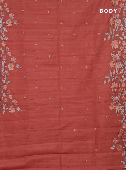 Semi raw silk saree rust shade with embroidery buttas and floral embroidery border