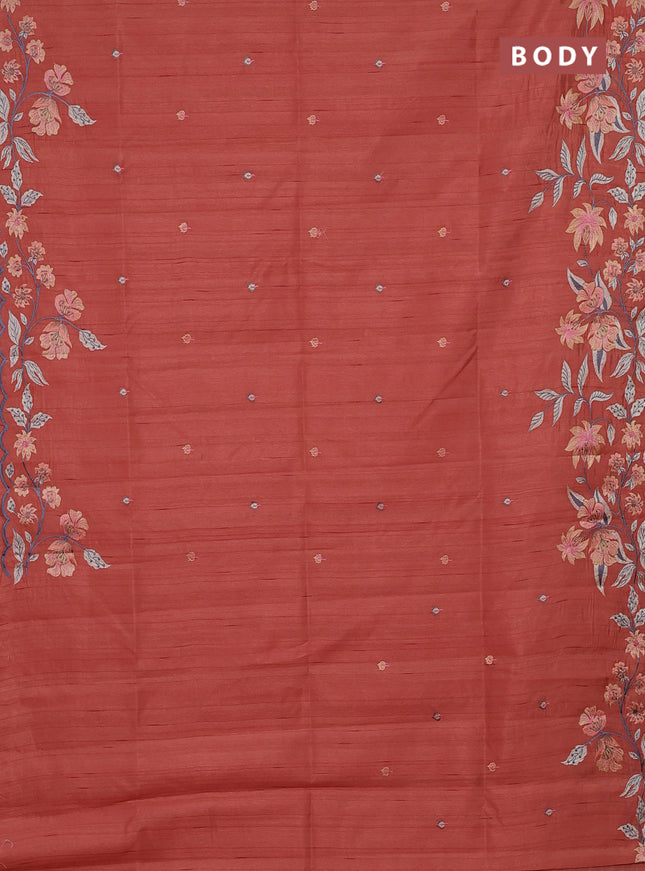 Semi raw silk saree rust shade with embroidery buttas and floral embroidery border