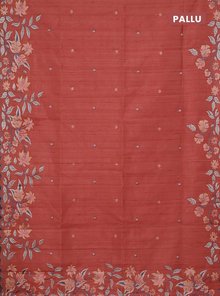 Semi raw silk saree rust shade with embroidery buttas and floral embroidery border