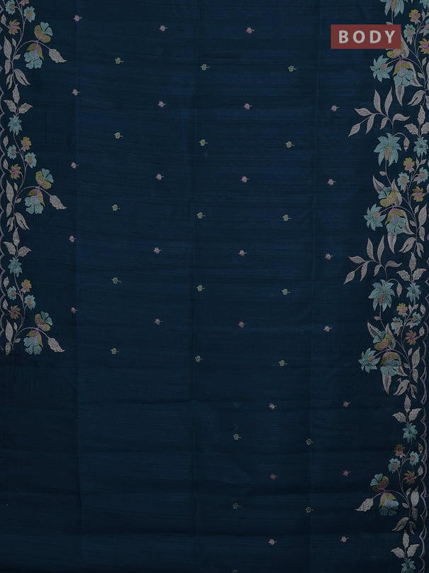 Semi raw silk saree peacock blue with embroidery buttas and floral embroidery border