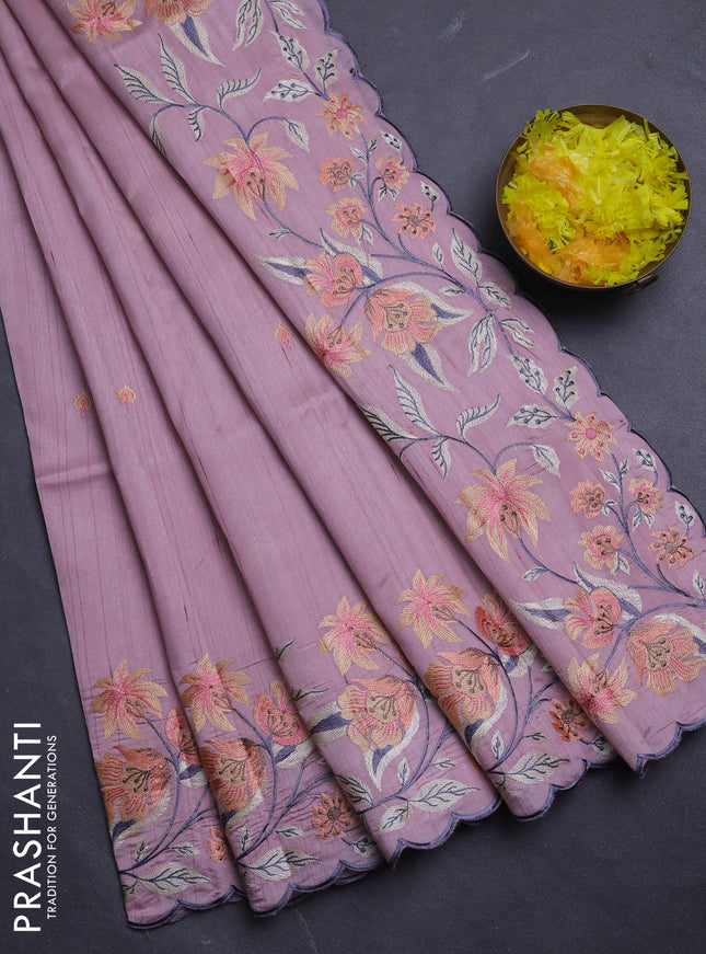 Semi raw silk saree pastel pink with embroidery buttas and floral embroidery border