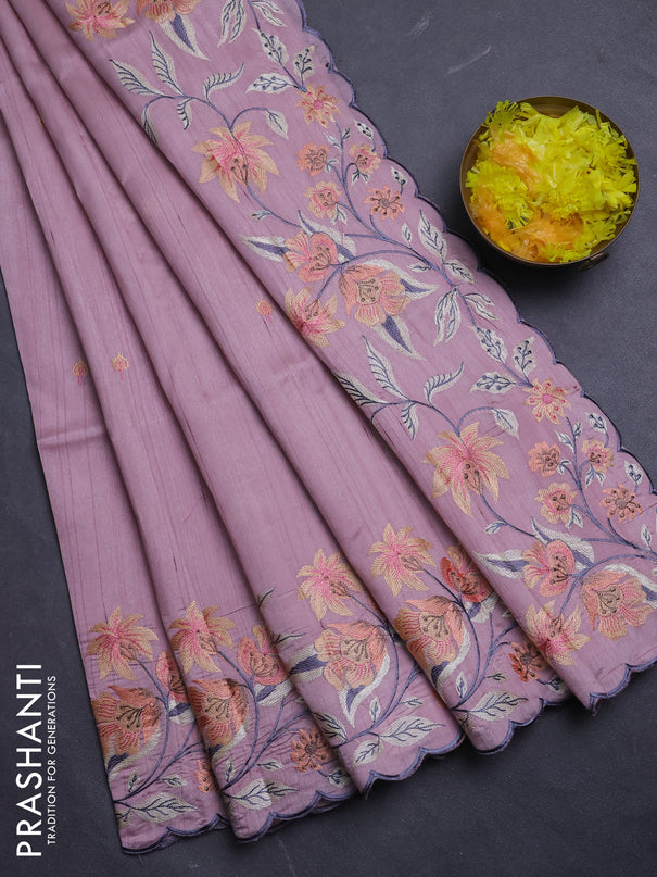 Semi raw silk saree pastel pink with embroidery buttas and floral embroidery border