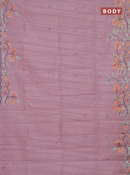 Semi raw silk saree pastel pink with embroidery buttas and floral embroidery border