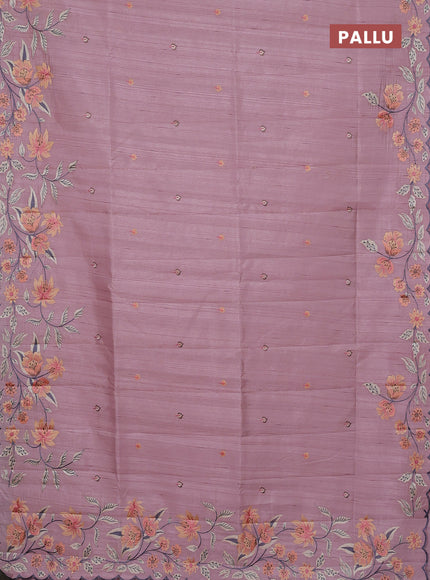 Semi raw silk saree pastel pink with embroidery buttas and floral embroidery border
