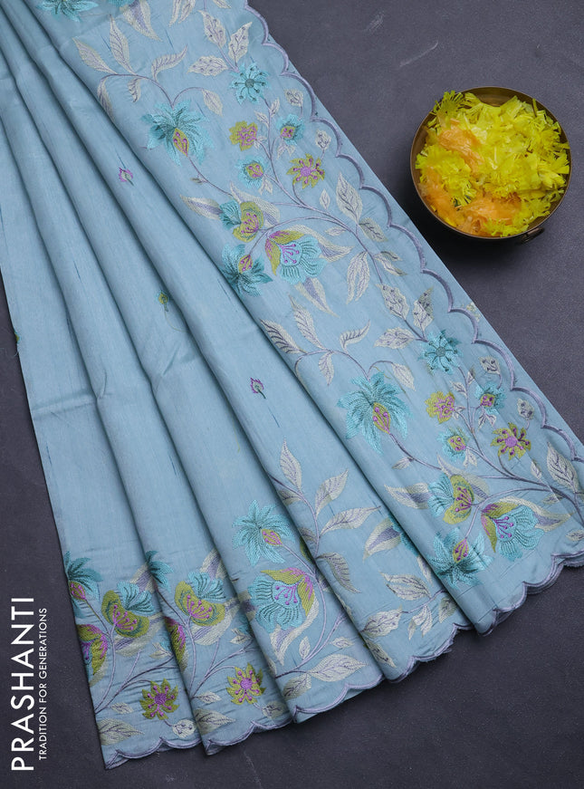 Semi raw silk saree pastel blue with embroidery buttas and floral embroidery border