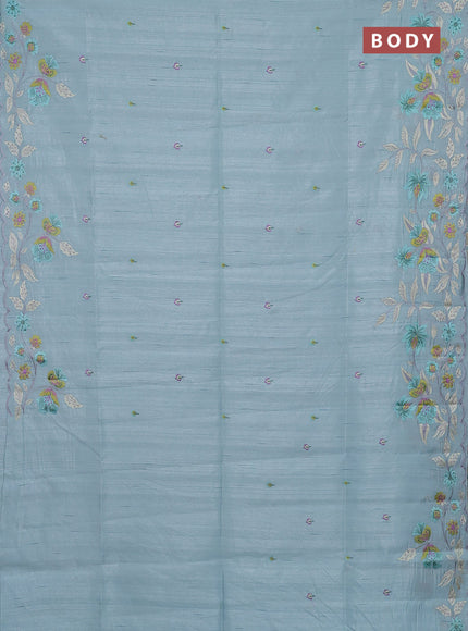 Semi raw silk saree pastel blue with embroidery buttas and floral embroidery border