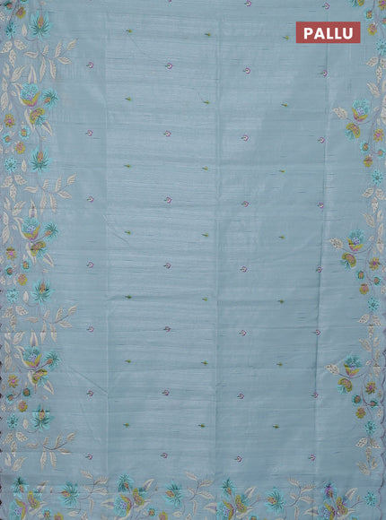 Semi raw silk saree pastel blue with embroidery buttas and floral embroidery border