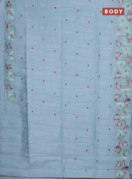 Semi raw silk saree pastel blue with embroidery buttas and floral embroidery border