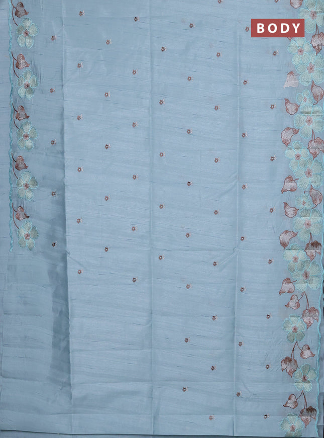 Semi raw silk saree pastel blue with embroidery buttas and floral embroidery border