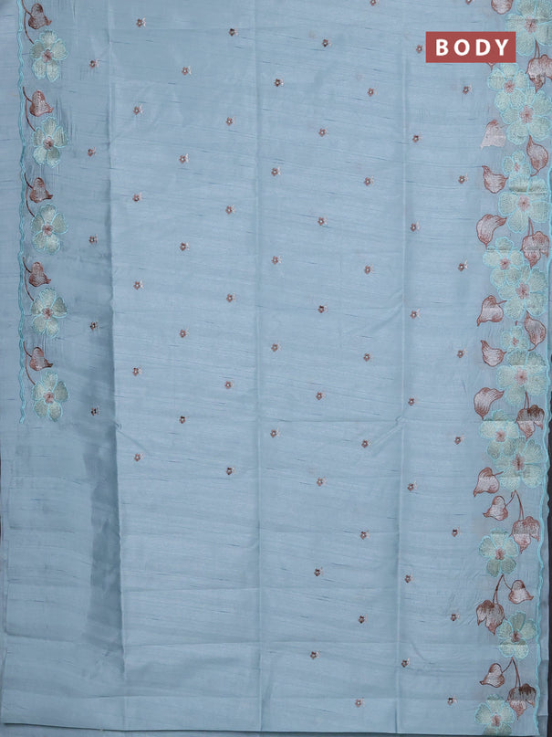 Semi raw silk saree pastel blue with embroidery buttas and floral embroidery border