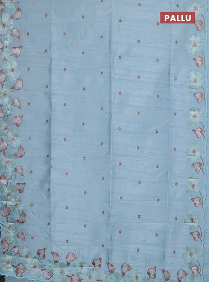 Semi raw silk saree pastel blue with embroidery buttas and floral embroidery border