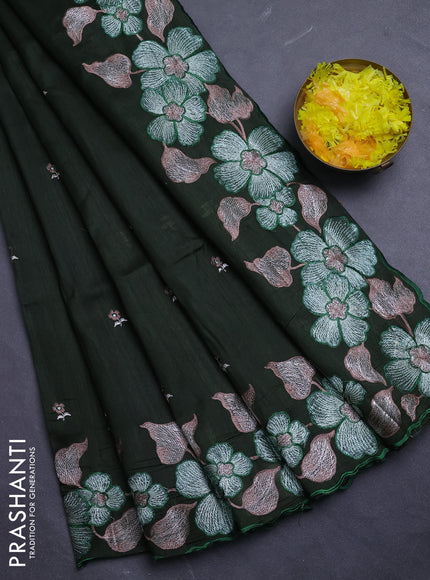 Semi raw silk saree olive green with embroidery buttas and floral embroidery border