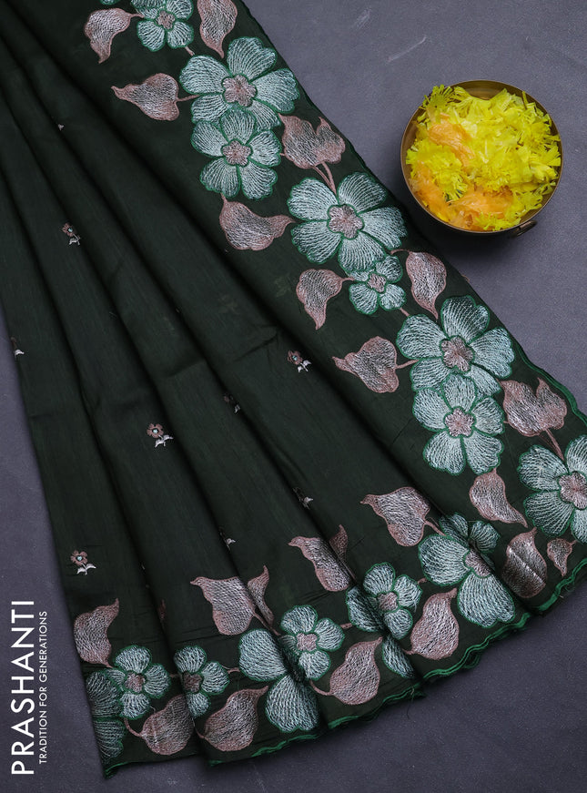 Semi raw silk saree olive green with embroidery buttas and floral embroidery border