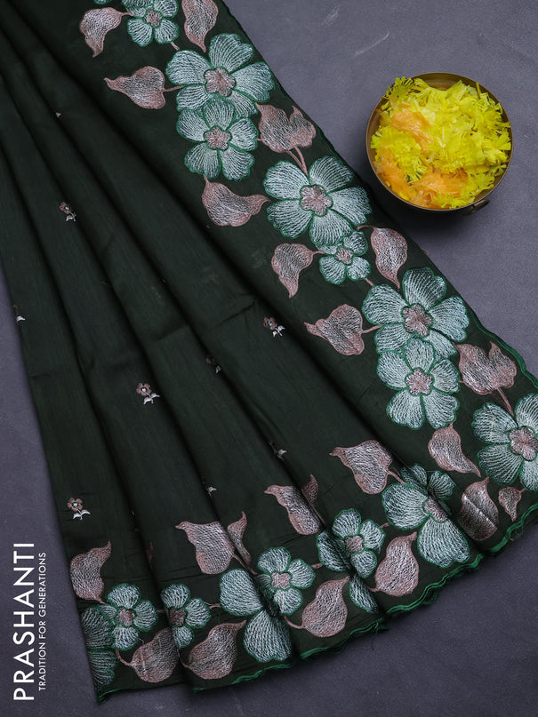 Semi raw silk saree olive green with embroidery buttas and floral embroidery border