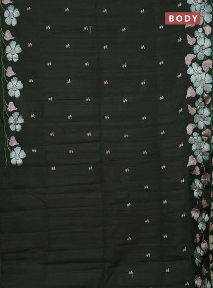 Semi raw silk saree olive green with embroidery buttas and floral embroidery border